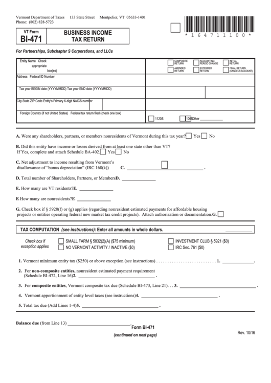 Vt Form Bi-471 - Business Income Tax Return Printable pdf