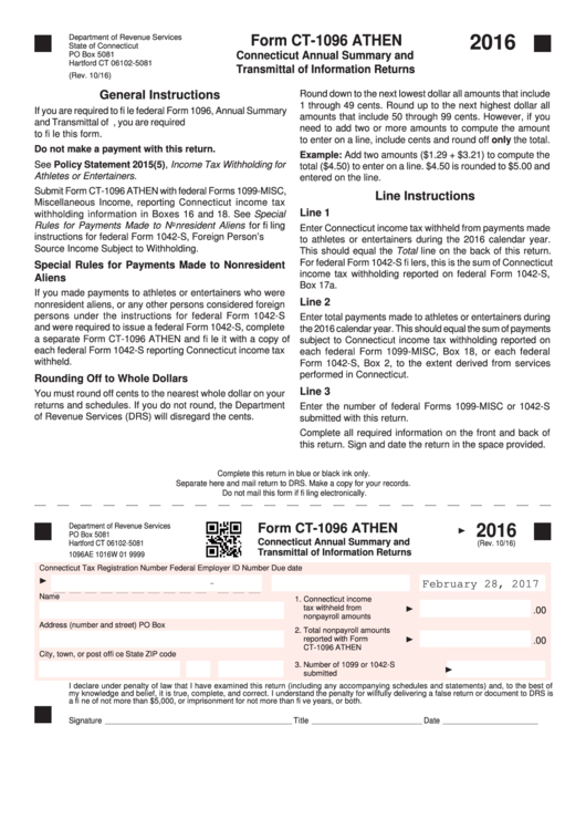 Form Ct-1096 Athen - Connecticut Annual Summary Andtransmittal Of Information Returns - 2016 Printable pdf