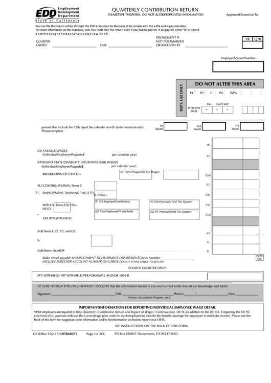 Form De 3d - Quarterly Contribution Return Printable pdf