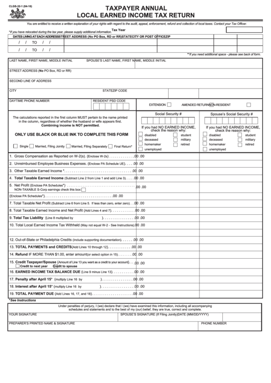 Fillable Form Clgs-32-1 - Taxpayer Annual Local Earned Income Tax Return - 2016 Printable pdf