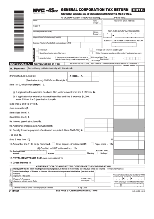 Form Nyc-4sez - General Corporation Tax Return - 2016 Printable pdf