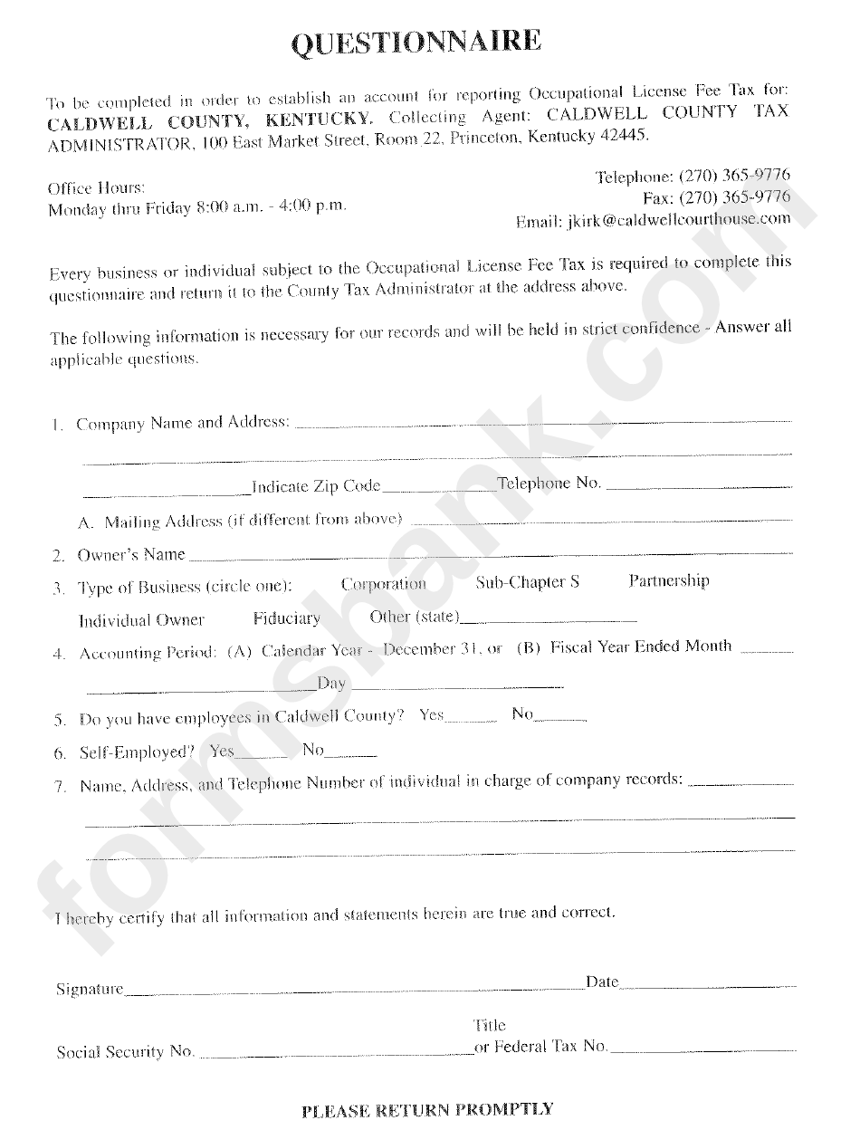 Questionnaire Tax Form