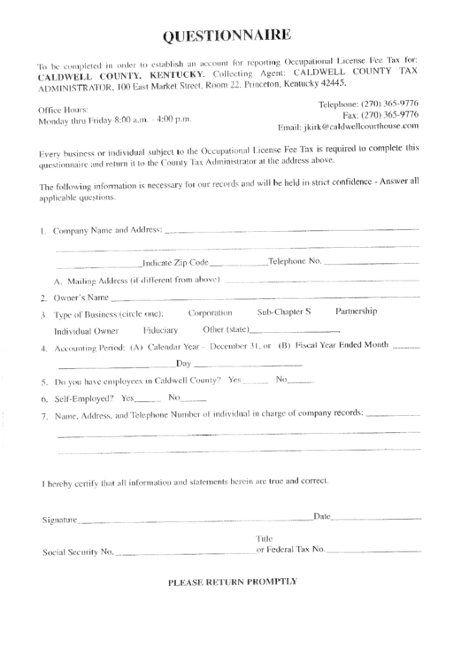 Questionnaire Tax Form Printable pdf
