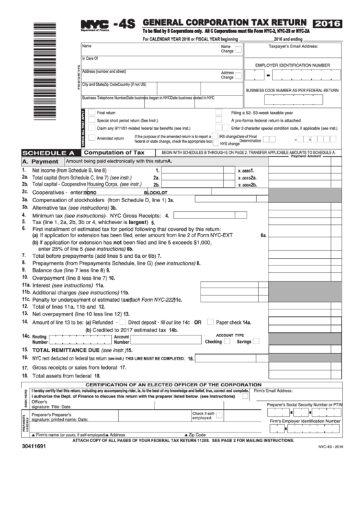 Form Nyc-4s - General Corporation Tax Return - 2016 Printable pdf