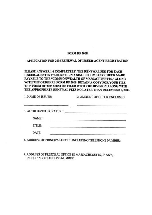 Form Rf 2008 - Application For Renewal Of Issuer-Agent Registration Printable pdf