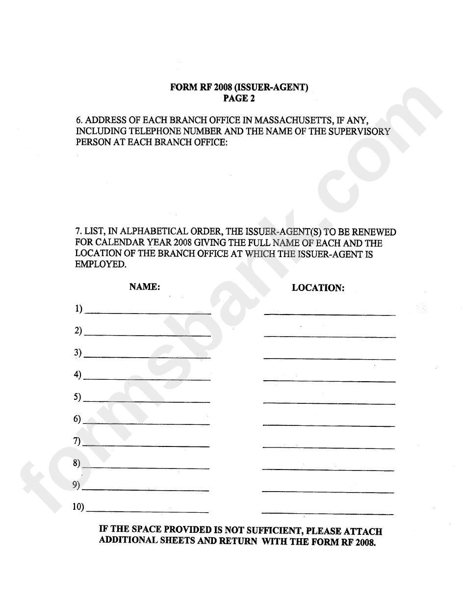 Form Rf 2008 - Application For Renewal Of Issuer-Agent Registration