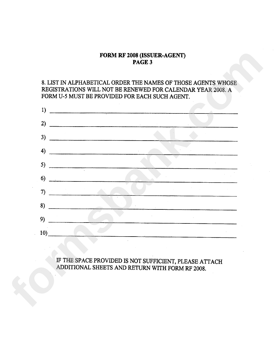 Form Rf 2008 - Application For Renewal Of Issuer-Agent Registration