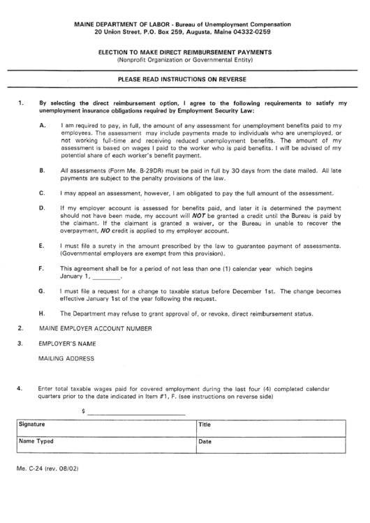 Form Mec-24 - Election To Make Direct Reimbursment Payments Form - Maine Department Of Labor Printable pdf