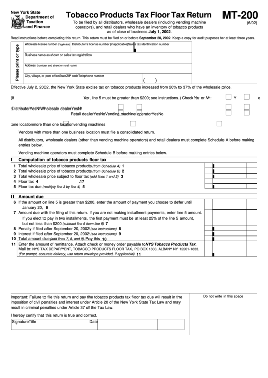 Form Mt-200 - Tobacco Products Tax Floor Tax Return - New York State Department Of Taxation And Finance Printable pdf