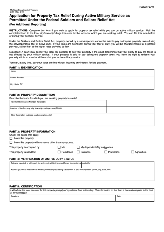 Fillable Form 2700 - Application For Property Tax Relief During Active Military Service - Michigan Department Of Treasury Printable pdf