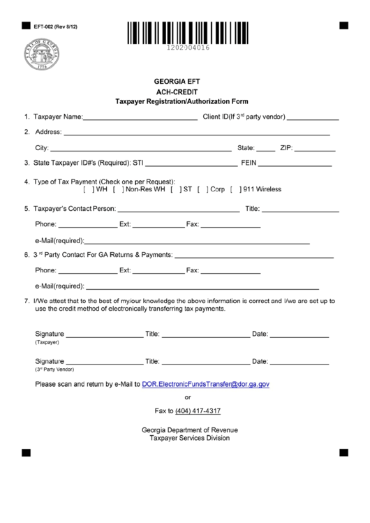Form Eft-002 - Taxpayer Registration/ Authorization Form - Georgia Department Of Revenue Printable pdf