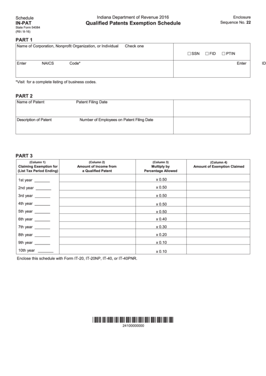 Fillable State Form 54084 - Schedule In-Pat - Qualified Patents Exemption Schedule Printable pdf