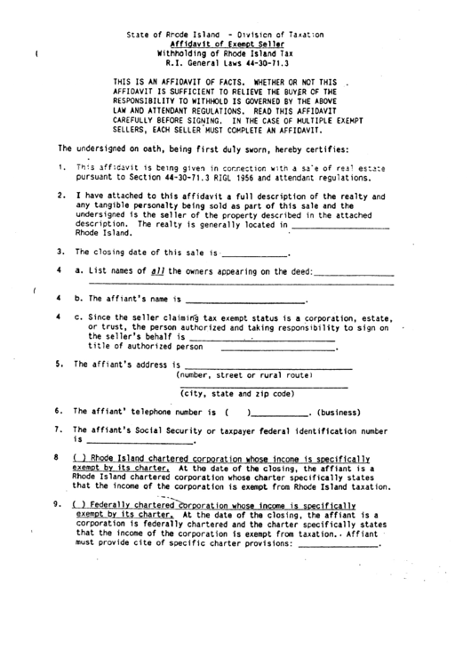 Form Nrwhxmpt - Affidavit Of Exempt Seller - State Of Rhode - Division Of Taxation Printable pdf