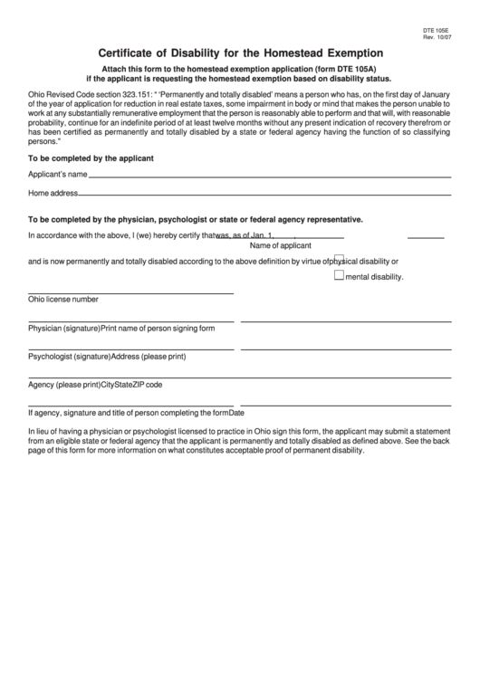 Form Dte 105e - Certificate Of Disability For The Homestead Exemption Printable pdf