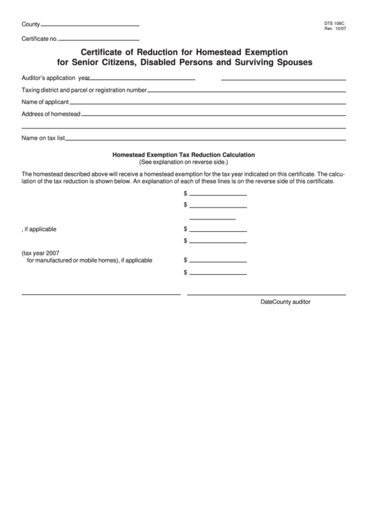 Form Dte 106c - Certificate Of Reduction For Homestead Exemption Printable pdf