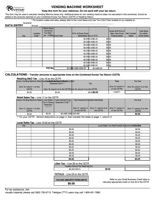 Vending Machine Worksheet - Washington State Department Of Revenue Printable pdf