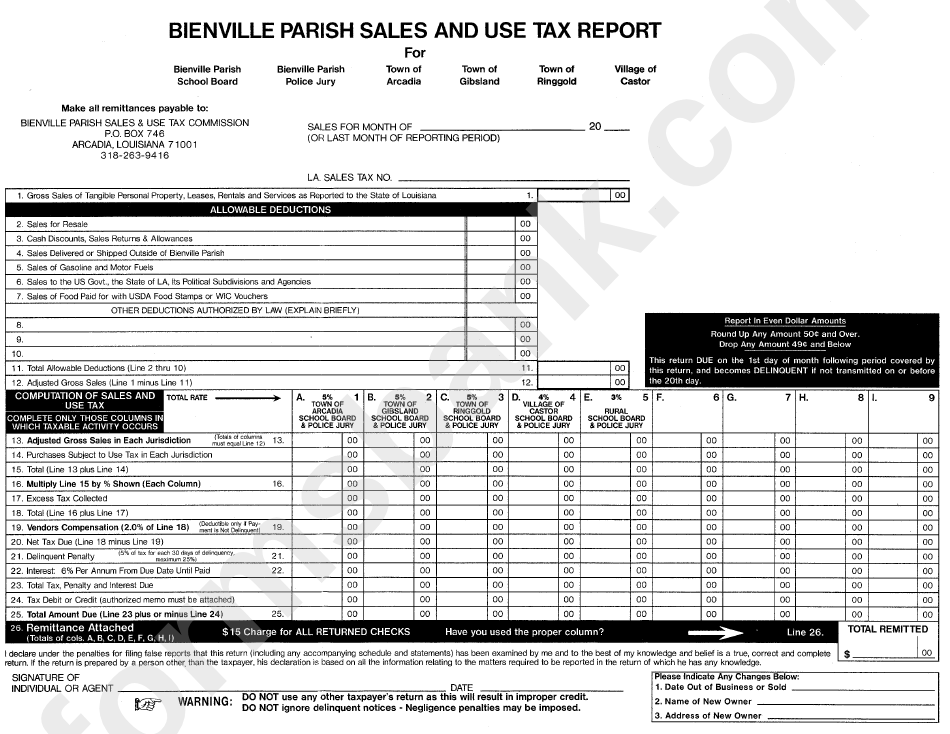 Bienville Parish Sales And Use Tax Report Form - Louisiana