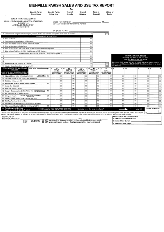 Bienville Parish Sales And Use Tax Report Form - Louisiana Printable pdf