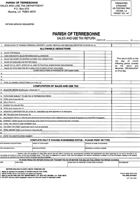Form Act 738 - Sales And Use Tax Return - Parish Of Terrebonne, Louisiana Printable pdf