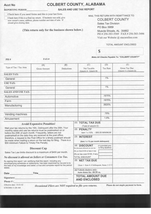 Sales And Use Tax Report Form - Colbert County, Alabama Printable pdf