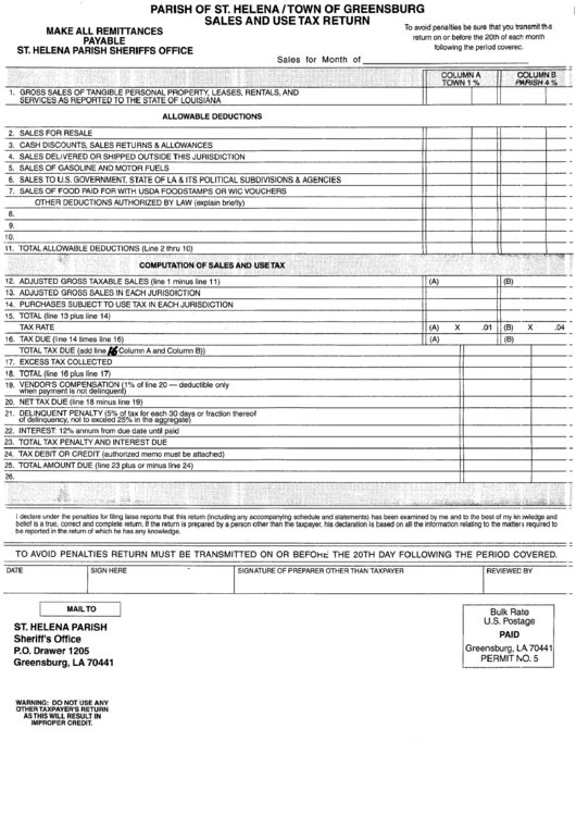 Sales And Use Tax Return Form - Parish Of St.helena/town Of Greensburg, Louisiana Printable pdf
