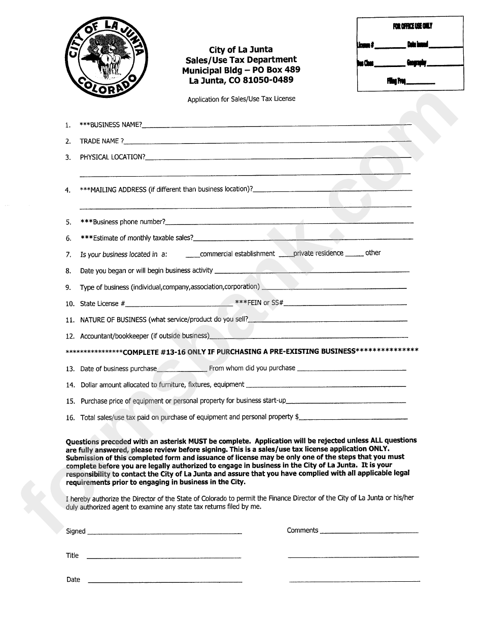 Application For Sales/use Tax License Form - City Of La Junta, Colorado - Sales/use Tax Department