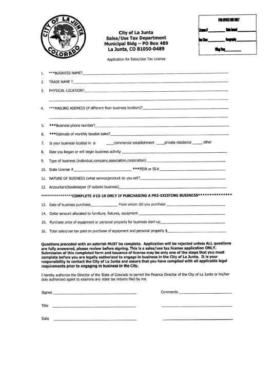 Application For Sales/use Tax License Form - City Of La Junta, Colorado - Sales/use Tax Department Printable pdf