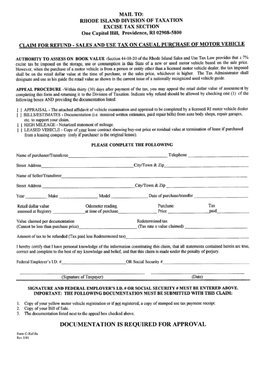 Form C-Ref-Su, Form Mv-E&a - Claim For Refund - Sales And Use Tax On Casual Purchase Of Motor Vehicle, Affidavit Of Vehicle Examination And Appraisal - Rhode Island Division Of Taxation Printable pdf