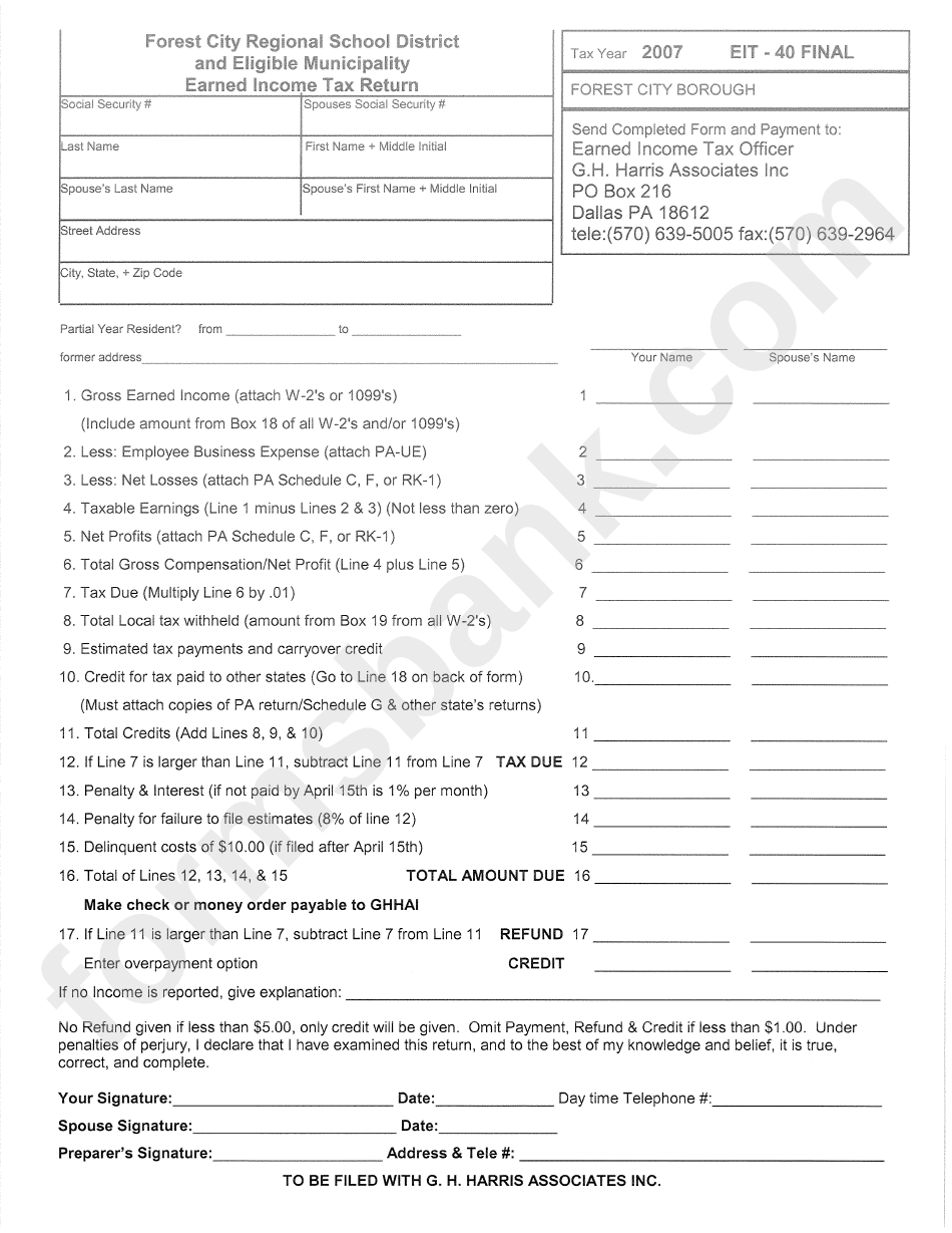 Form Eit-40 Final - Earned Income Tax Return Form - 2007