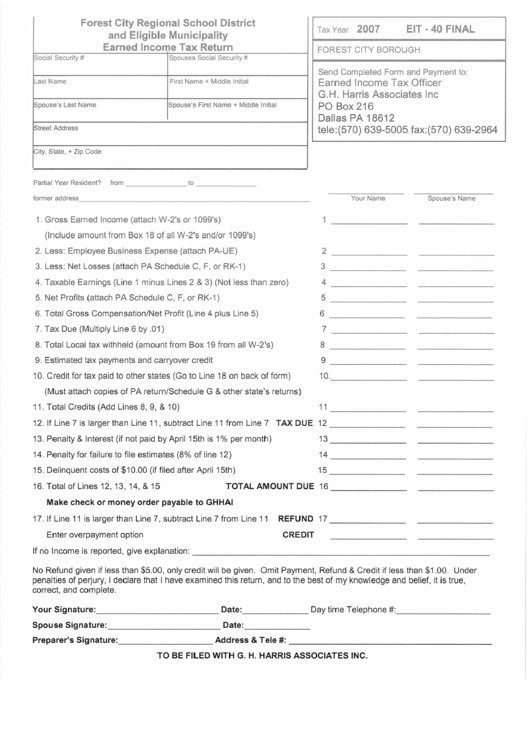 Form Eit-40 Final - Earned Income Tax Return Form - 2007 Printable pdf