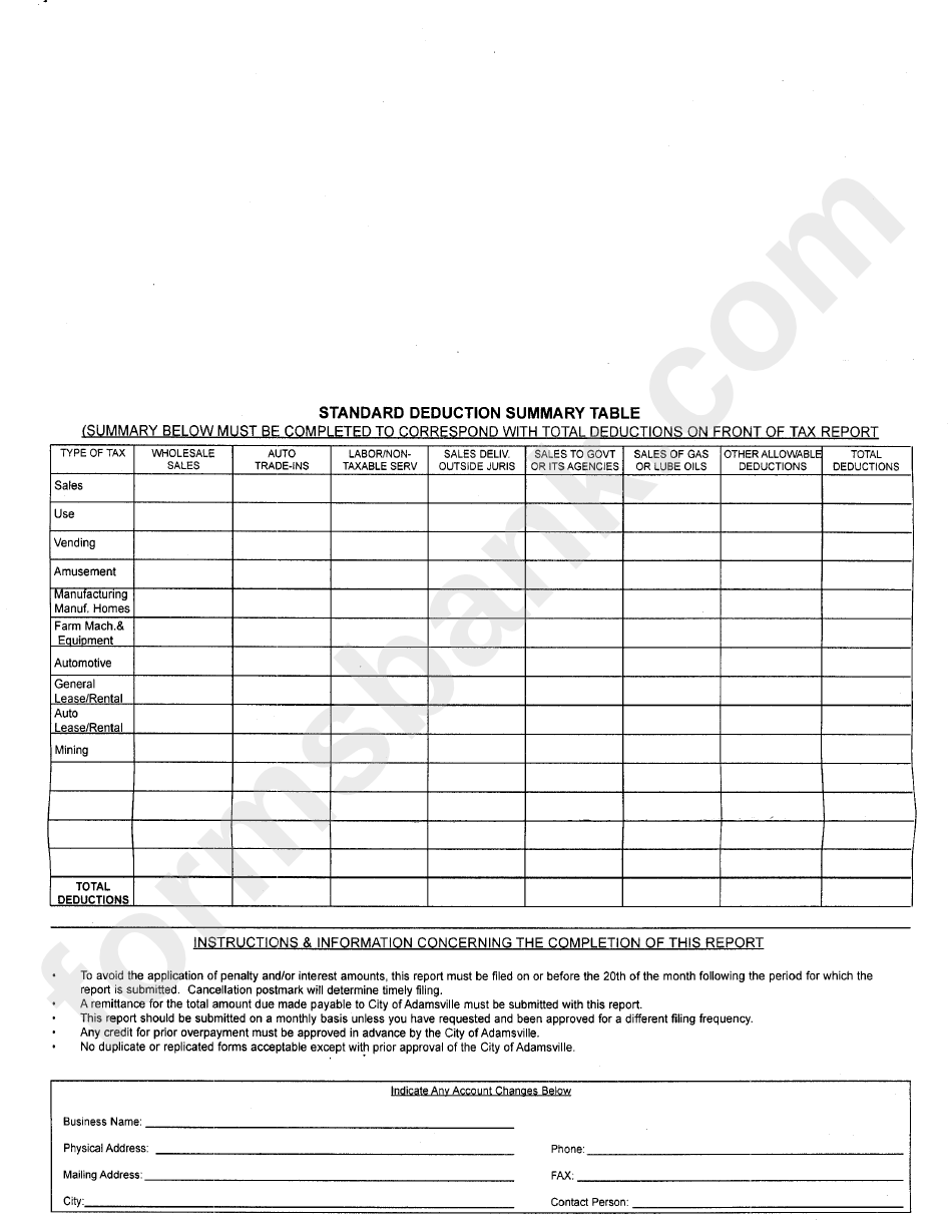 Sales, Lease, Rental And Use Tax Report Form - City Of Adamsville