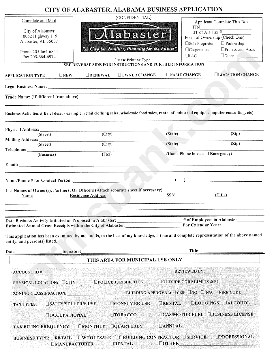 Alabama Business Application Form - City Of Alabaster ...