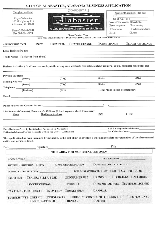 Alabama Business Application Form - City Of Alabaster Printable pdf