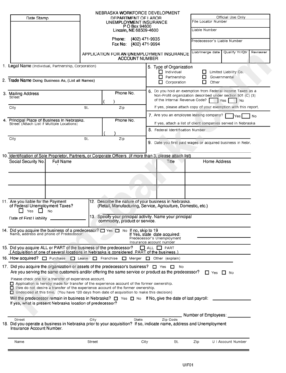 Ui Form 1 - Application For An Unemployment Insurance Account Number Form