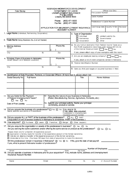 Ui Form 1 - Application For An Unemployment Insurance Account Number Form Printable pdf