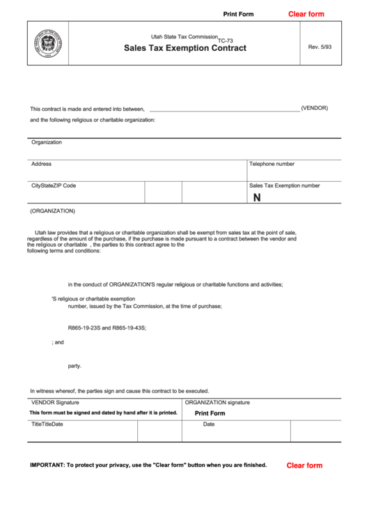 Fillable Form Tc-73 - Sales Tax Exemption Contract Form Printable pdf