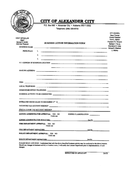 Business License Information Form - City Of Alexander Printable pdf