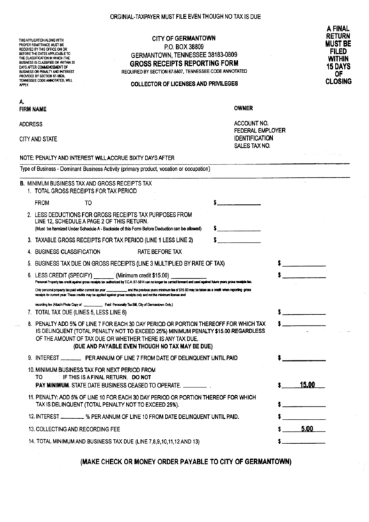 Gross Receipts Reporting Form - Germantown Printable pdf