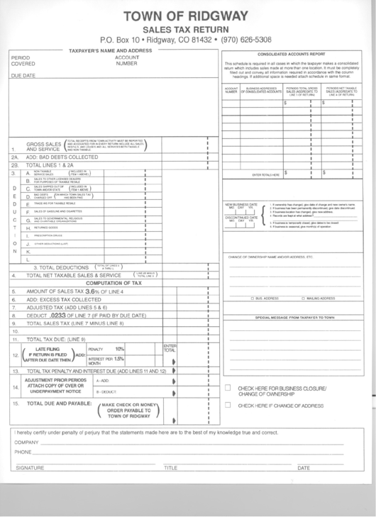 Sales Tax Return Form - Town Of Ridgway Printable pdf