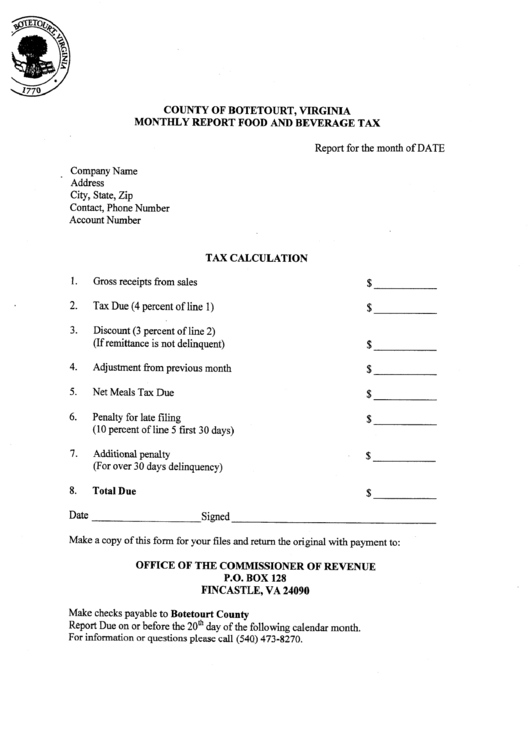 Monthly Report Form - Food And Beverage Tax Printable pdf