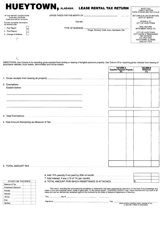 Lease Rental Tax Return Form - Hueytown Printable pdf