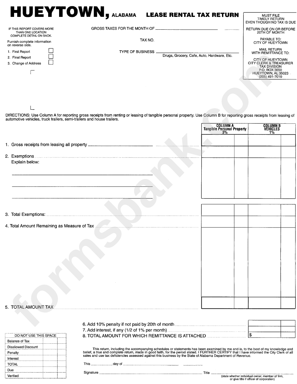 Lease Rental Tax Return Form - Hueytown