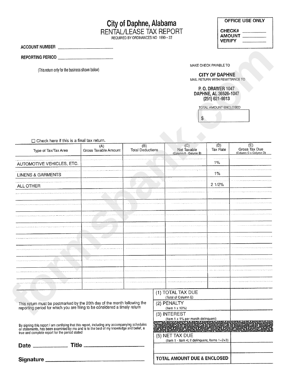 Rental/lease Tax Report Form - City Of Daphne