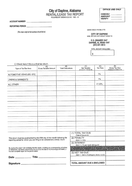 Rental/lease Tax Report Form - City Of Daphne Printable pdf