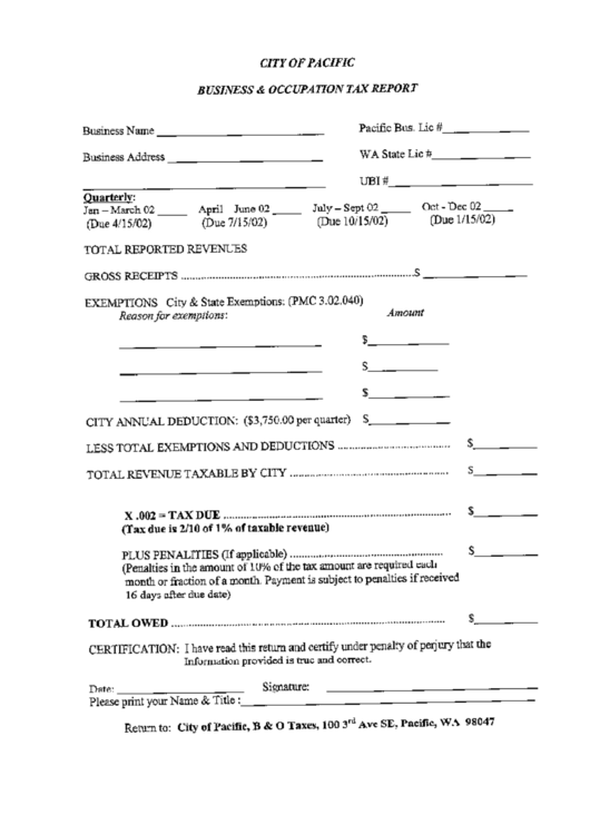 Business And Occupation Tax Report Form - City Of Pacific Printable pdf