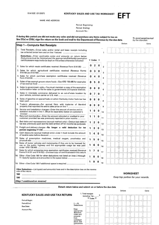 Form 51a102e - Kentucky Sales And Use Tax Worksheet Printable pdf