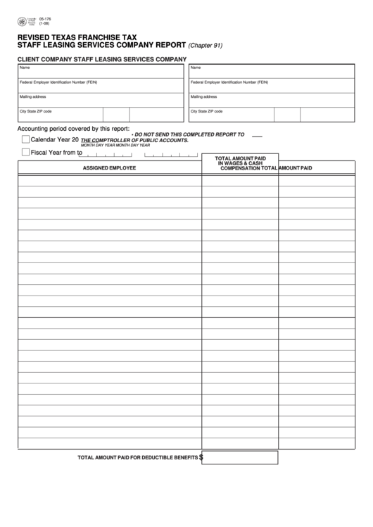 Fillable Form 05-176 - Revised Texas Franchise Tax Staff Leasing Services Company Report Printable pdf