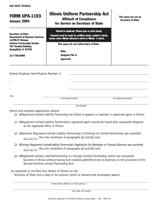 Fillable Form Upa-1103 - Illinois Uniform Partnership Act Affidavit Of Compliance For Service On Secretary Of State Printable pdf
