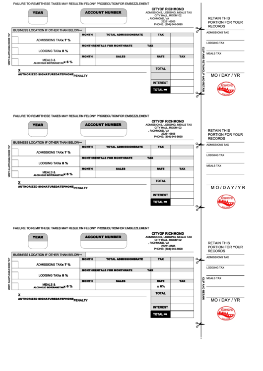 Admissions, Lodging And Meals Tax Form printable pdf download