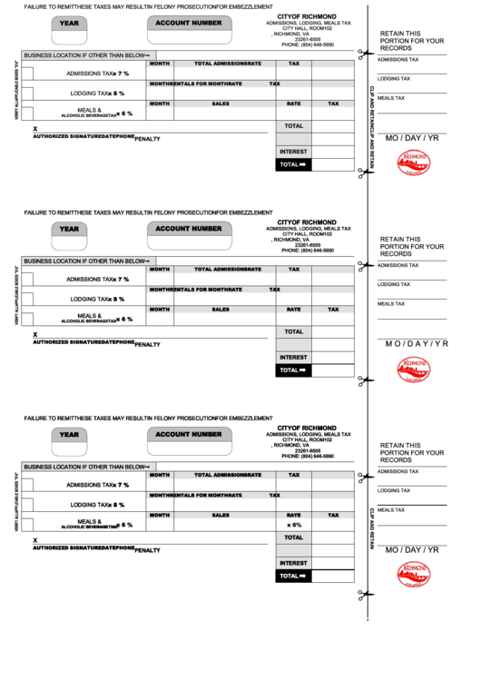 Admissions, Lodging And Meals Tax Form Printable pdf
